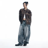 Washed Line Leather Jacket - BROWN