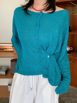 Slub Knit Two-Way Boat Neck One-Shoulder Cardigan (5c)