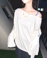 (3color) Ribbon Deep Slit Loose Fit Summer Long Sleeve Tee