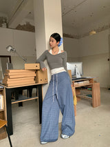 ブルーチェックワイドカジュアルパンツ