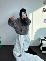 RIBBON PATTERN VELVET HOOD ZIP-UP💚💙🖤 - 3 COLORS