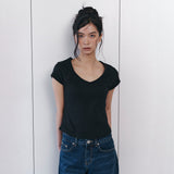 C 90S ラインVネック半袖Tシャツ_ブラック