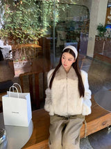 cream soft fur zip-up collar jacket