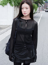WRINKLE MESH CARDIGAN BLACK