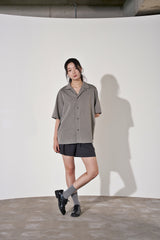 ヘリンボーンリネンレイラード 1/2 シャツ (Black)