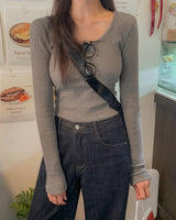 PU リブUネックTシャツ