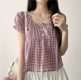 Checkered Ruffle Square Button Short Sleeve Blouse