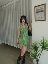 SHOT DOT HALTER MINI DRESS WITH TIE SCARF SET