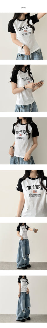 Raffin embroidered 2本ラインカラーラグラン半袖Tシャツ