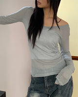 Rine Ribbed V-Neck Sheer Long Sleeve T-Shirt