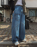 Post pocket cutting wide denim pants