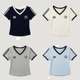 95 Vネック ユニフォーム ストライプ クロップド ショートスリーブ (4 colors)