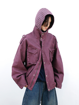 RELABEL (Huanjin) Violet and White Smoke-Washed Vintage-Style Checked Hooded Modified M65 Work Jacket