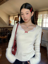 Mink Cuffs Square Neck Lace Long Sleeve T-shirt