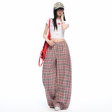 ピンクチェック ワイドレッグストレートパンツ