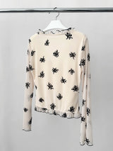 retro floral ruffle long-sleeve blouse