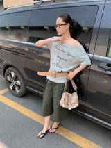 レタリングワンショルダーオフショルダーオーバーフィット半袖Tシャツ
