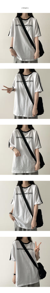 UN レタリングトラックラインオーバーサイズフィット半袖Tシャツ