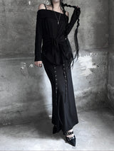 eyelet strap folding long skirt