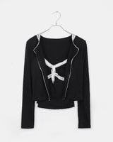 Seleo Shirring Lace Ribbon クロップド長袖ノースリーブカーディガンセット