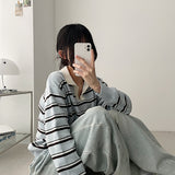 オープンカラストライプルーズニットウェアTシャツ
