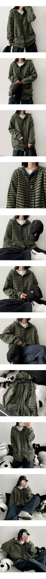 Depot Loose Stripe Hooded Knit Cardigan