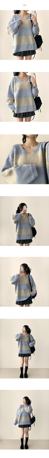 Robin color matching Dangara V-neck loose fit knit
