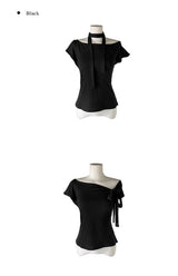 Scon Stripe Plain One-Shoulder Ribbon Short Sleeve T-Shirt