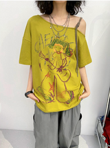 ハンドペインティドパターンプリンティドオフザショルダー半袖Tシャツ