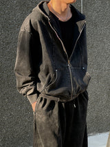 [Unisex] Pigment curved crop hood zip up