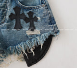 chrome patch studded denim shorts