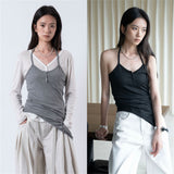 Henley Stripe Halter Tie Lyocell Sleeveless Top