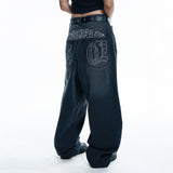 Lettering Wide Denim Pants - BLACK