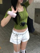 Olive Diary Button U-Neck Slim Fit T-Shirt