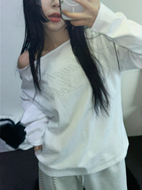 レタリングオフショルダーUネックロングスリーブTシャツ 🩶🤍🖤3カラー