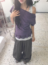 シマ ドレープ フリル オフショルダー 半袖Tシャツ