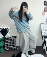 STRIPE OVER BOXY BOYFRIEND LONG SLEEVE T SHIRT ❤💚🩵🧸4COLOR