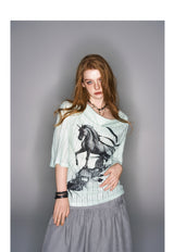 2025 Spring/Summer New Printed Mint Green Swing Neck Loose Top