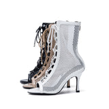 Mesh Lace-Up Open Toe Heel(Beige)