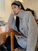 turtleneck button oversized-fit half cardigan