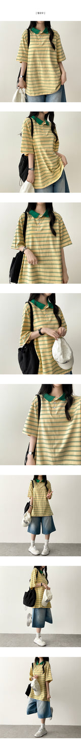 メルバカラーストライプダンガラカラー半袖Tシャツ