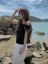 Nob Shirring オフショルダーリボン半袖Tシャツ