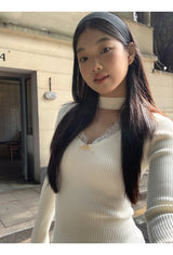 Choker V-neck Lace V-neck Long Sleeve T-shirt