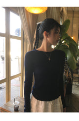 バックホワイトボウロングスリーブニットTシャツ
