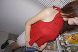 Halter Strap Red Flared Sleeveless T-shirt