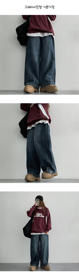 [3-tier length][S–3XL] ケッジウォッシングインシジョンサイドタックワイドデニムパンツ (4 colors)