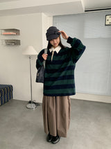 キヤン襟付きボーダーオーバー長袖Tシャツ
