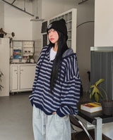 ONZストライプモヘアニットフードジップアップ