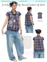 BETWEENAND “Musical Notes Memory” Retro-Style Dark Blue Short-Puffed-Sleeve Plaid Top for Women – New Summer Style