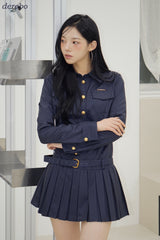 Navy Pleats Gold Shirt Wedding Guest Dress
